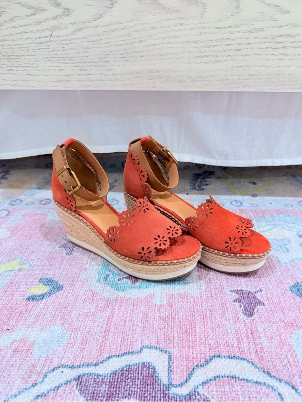 Crown Vintage Coral Suede Floral Cutout Espadrille Wedges